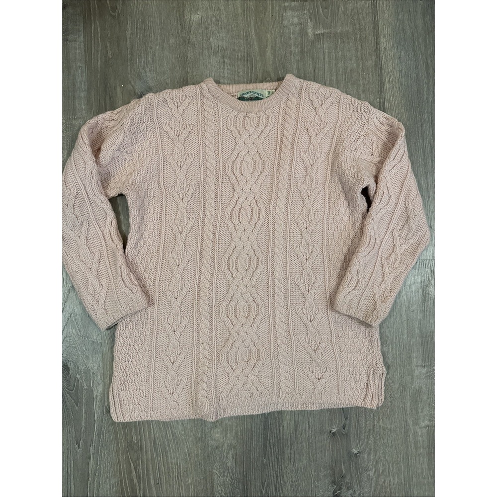 Aran Crafts Sweater Women M Pink Merino Wool Fisherman Cable Knit Ireland *